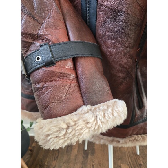 Women Sz XL Bomber Brown Aviator Flying Shearling Fur Real Leather Jacket Coat - Picture 8 of 16